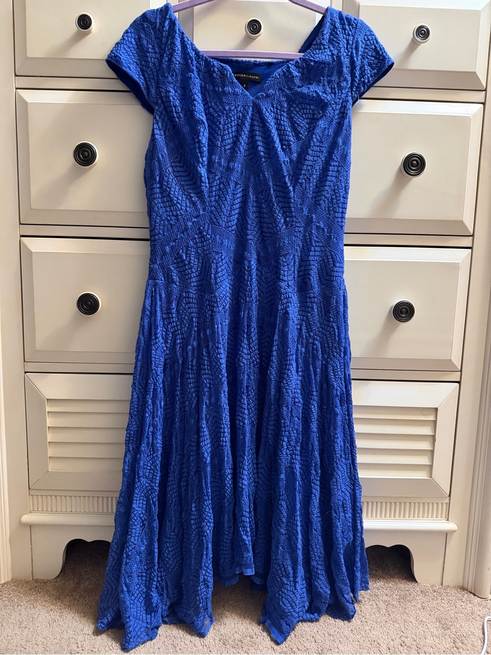 Chris McLaughlin Royal Blue Lace Handkerchief Hem Maxi Dress Size 8